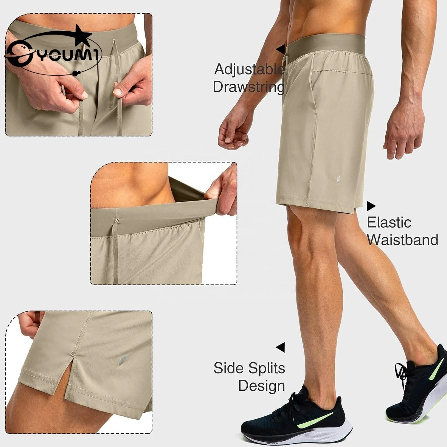 YOUMI Custom OEM Solid Spandex Split Hem Drawstring Fitted Workout Running Breathable Elastic Fourway Stretch Men's Gym Shorts