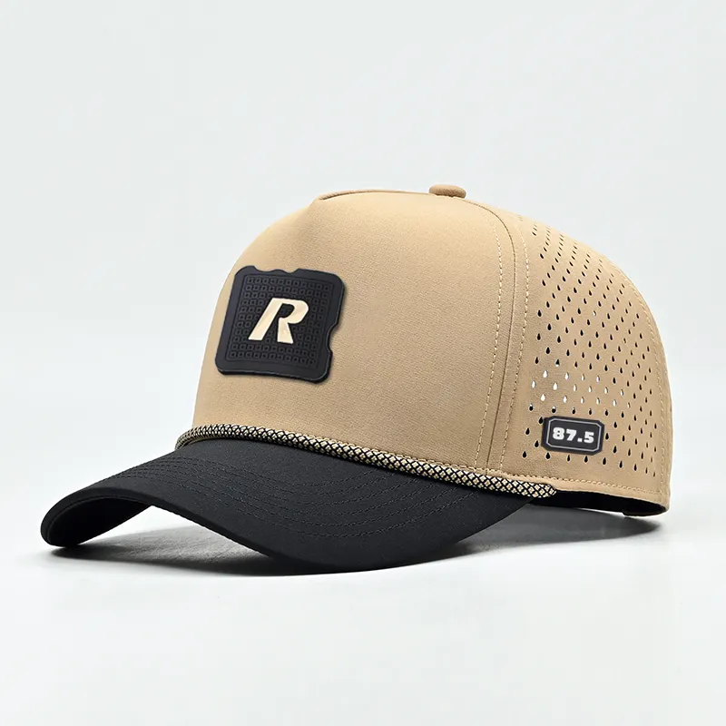 Hat Manufacturer 5 Panel Waterproof Polyester Golf Sport Rope Mesh Hat With Custom Logo Laser Cut Hole Curved Baseball Cap