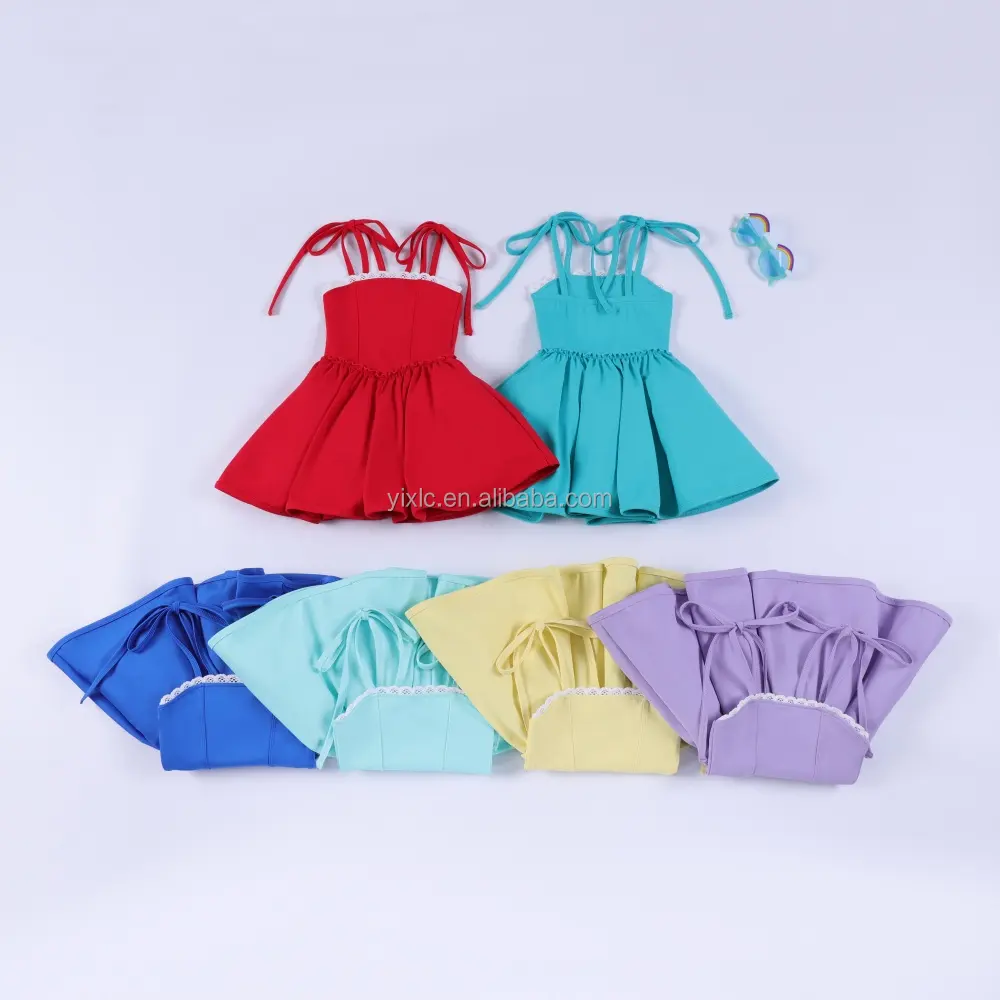 Girls Yoga Dress Spaghetti Strap Sleeveless Tie Waist Lace Trim Built-in Shorts Custom Logo Size