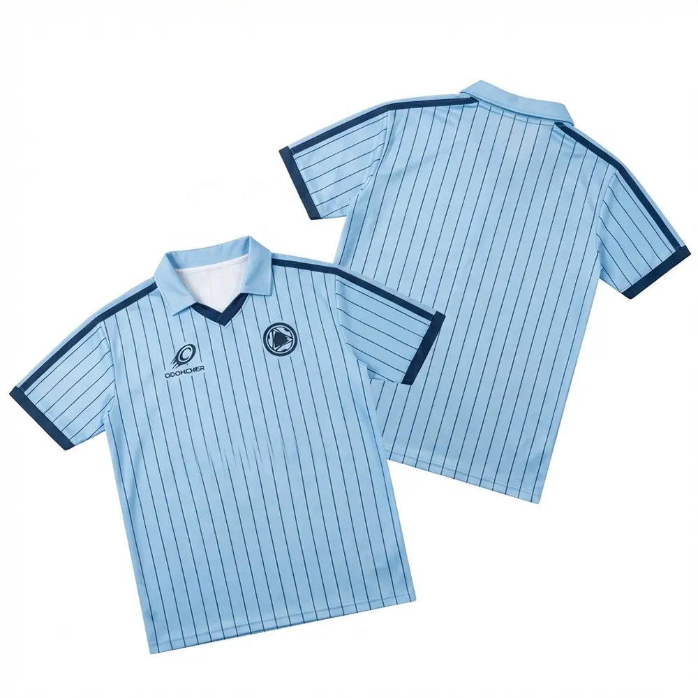 OEM ODM Custom Blokecore Retro V Neck Soccer Jersey Light Blue Navy Stripe Full Sublimation Football Jersey for Team