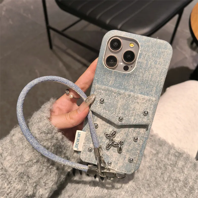 Advanced Sense PU Mobile Phone Case for iPhone 16 Pro Max 15 14 13-Stylish Denim Puppy Card Bag with Lanyard Included