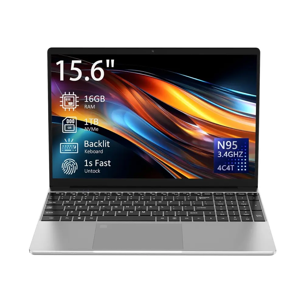 15.6" Laptop Computer Notebook, 4Core N95 Processor FHD Display Backlit Keyboard Fingerprint 16GB RAM 256GB ROM Laptop Computer