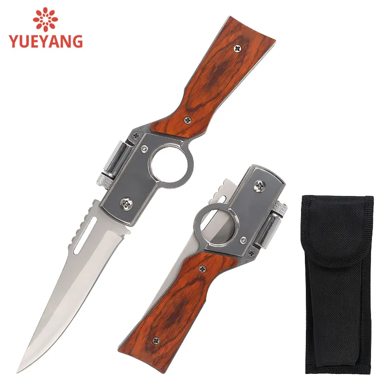 YUEYANG Mini Flashlight LED Light Folding Outdoor Protection Tactical Pocket Knife Multi-Tool Engrave Wooden Handle OEM DIY