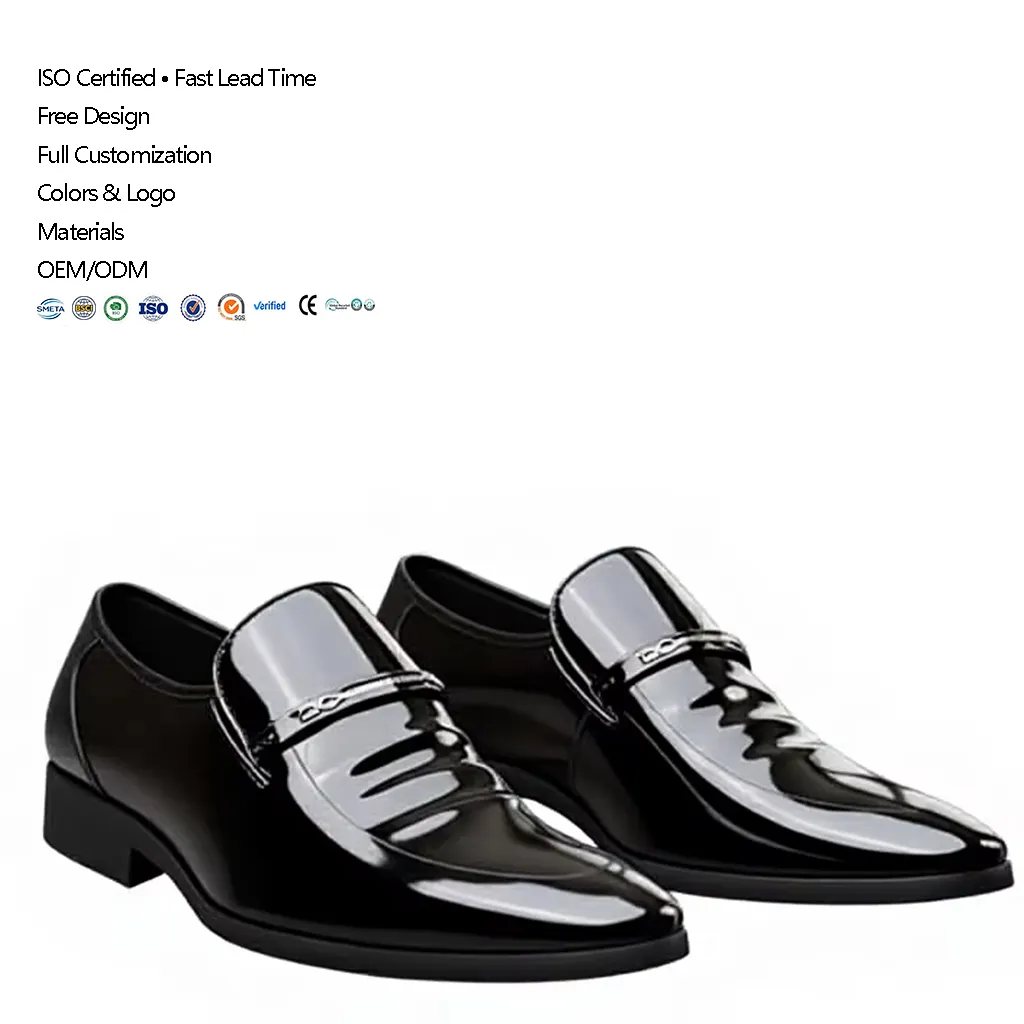 2026 New Men's Black Patent Leather Loafers with Metal Buckle Slip-on Dress Shoes Factory Direct OEM ODM Custom Logo Bulk Order