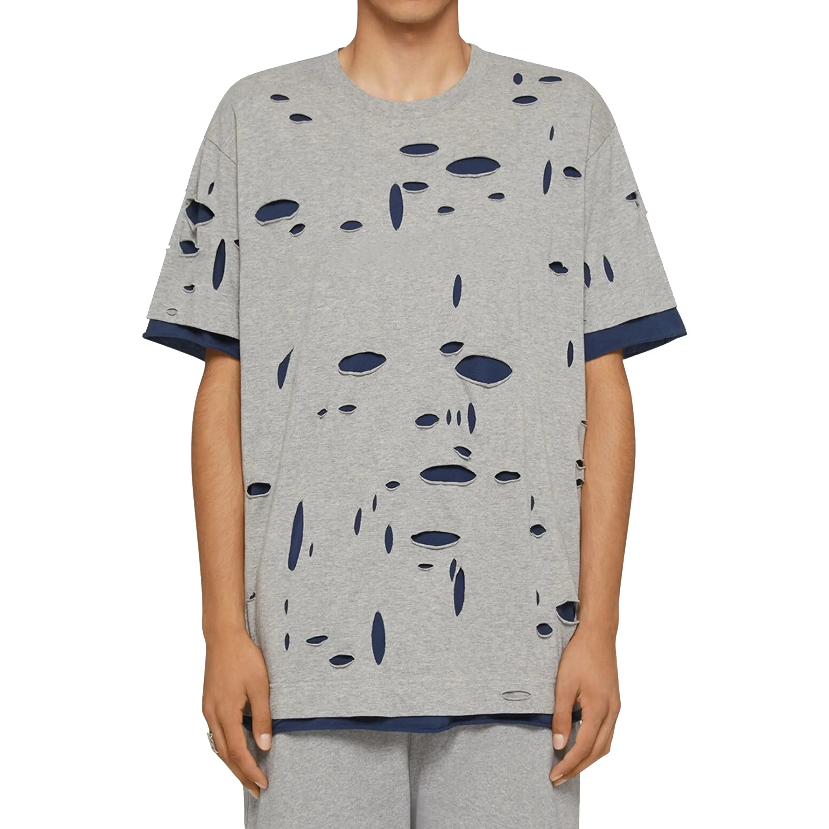 Plus Size 100% Cotton Distressed T-shirt for men Loose Fit Printed Solid Color Best Design Oversize T Shirt For Men