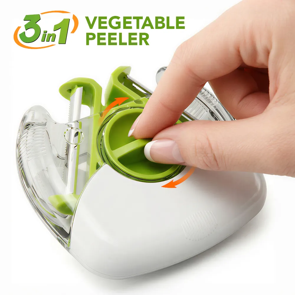 Hot Sale Kitchen Round Shape Stainless Steel Rotary Manual Adjustable Dishwasher Safe 3 in 1 Vegetable & Fruit Peeler Cutter
