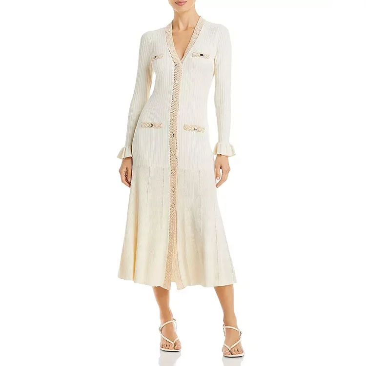 Knitwear Manufacturer Custom Spring v Neck Long Sleeve Rib Elegant Casual Dinner Dresses Women Sweater Knit Women's Dresses