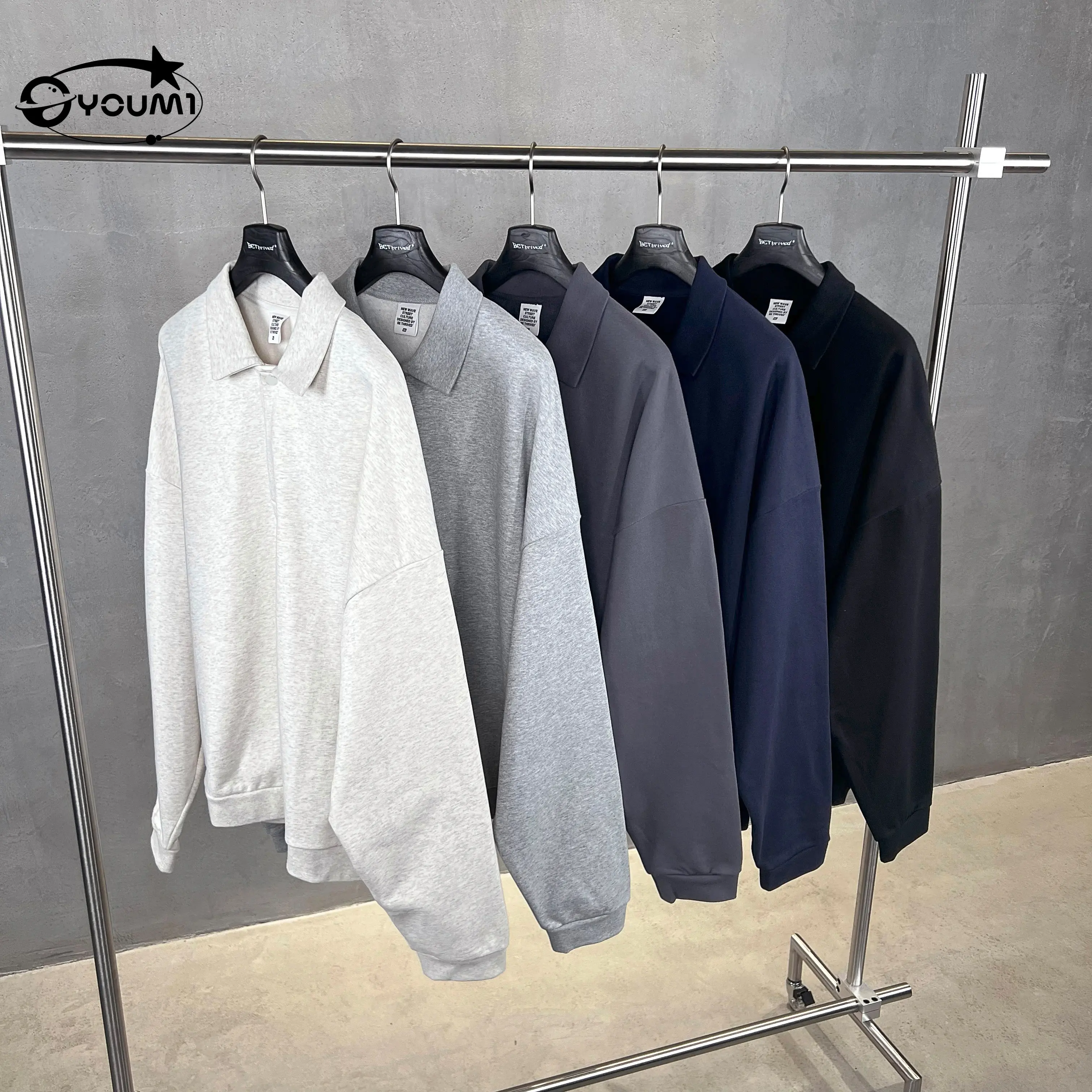 YOUMI Custom OEM Service Breathable Casual Solid Oversized Drop Shoulder Turn-down Collar Long Sleeve 445 GSM Cotton Men's Polo