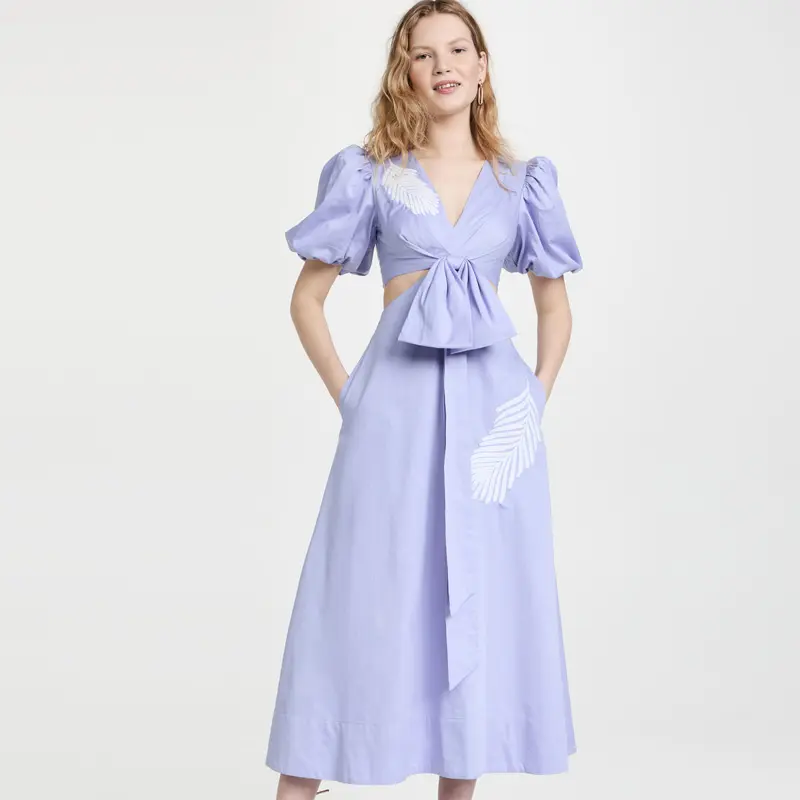 New Fashion Women Casual v Neck Elastic Puff Short Sleeve Hollow Out Lace up Pocket Cotton Embroidered Dress