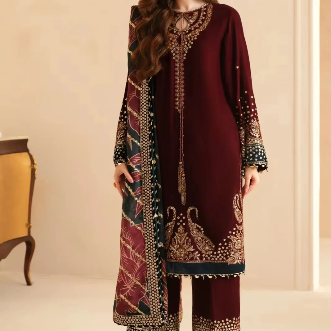 Women's Winter Indian Pakistani Style 3-Piece Salwar Kameez Set Lightweight Quick Dry Breathable Velvet Silk Fabric Solid Color