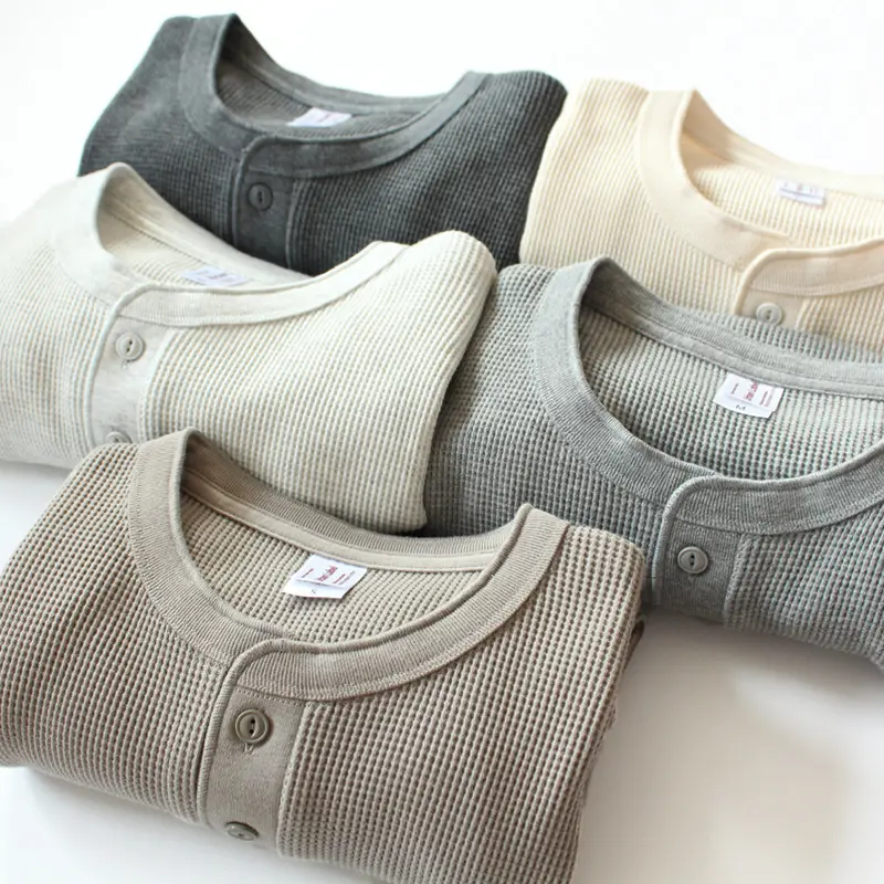 Knit Waffle 100% Cotton Blank Henley Neck Custom logo Long Sleeve t Shirt for Men