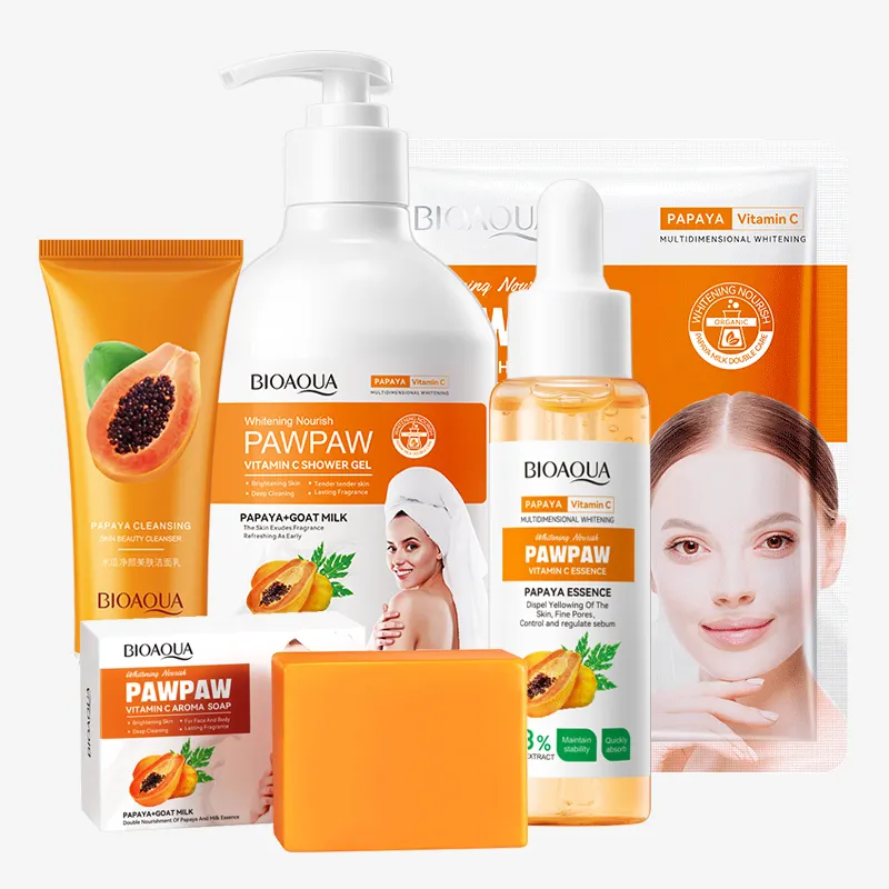 BIOAQUA Private Label Papaya Extract Whitening Skin Care Set Moisturizing Brightening Exfoliating Scrub Beauty Product Face Kit