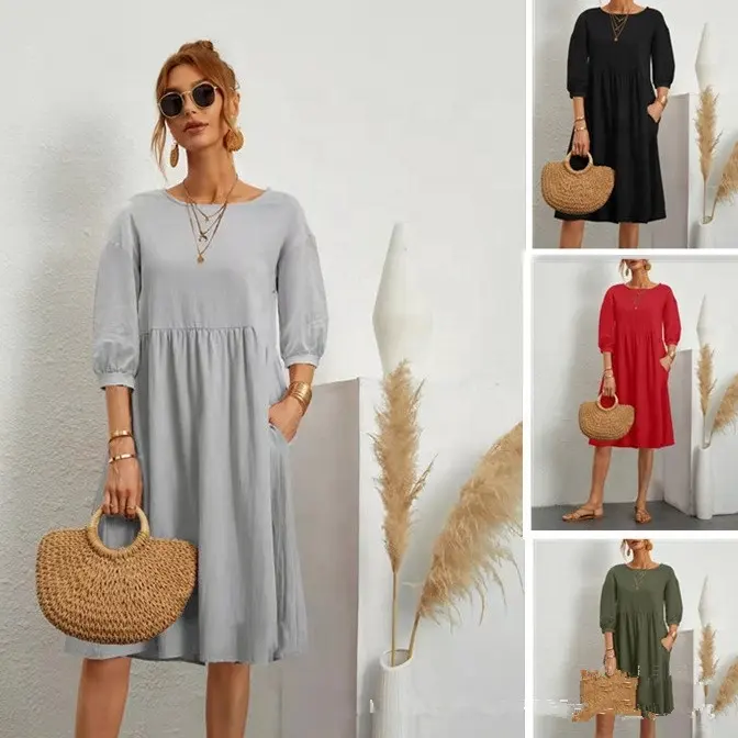 Women's Summer Dress Ladies Casual Pocket Dresses with Sexy Lantern Sleeves Natural Waistline Solid Pattern