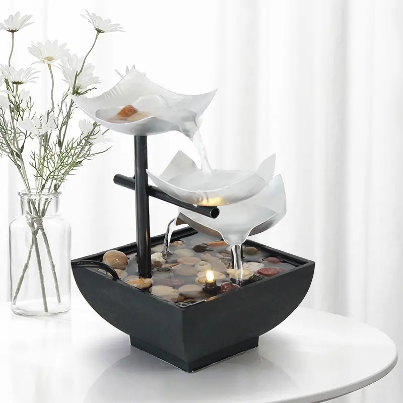 Indoor Tabletop Lotus Leaf Waterfall Fountain with Modern Design and Resin & Metal Construction for Relaxation Home Decor