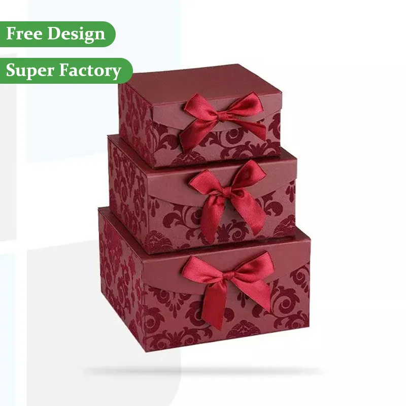 Briful Square Gift Boxes with Lids Burgundy Small Swirl Assorted Sizes Nesting Elegant Christmas Gift Boxes