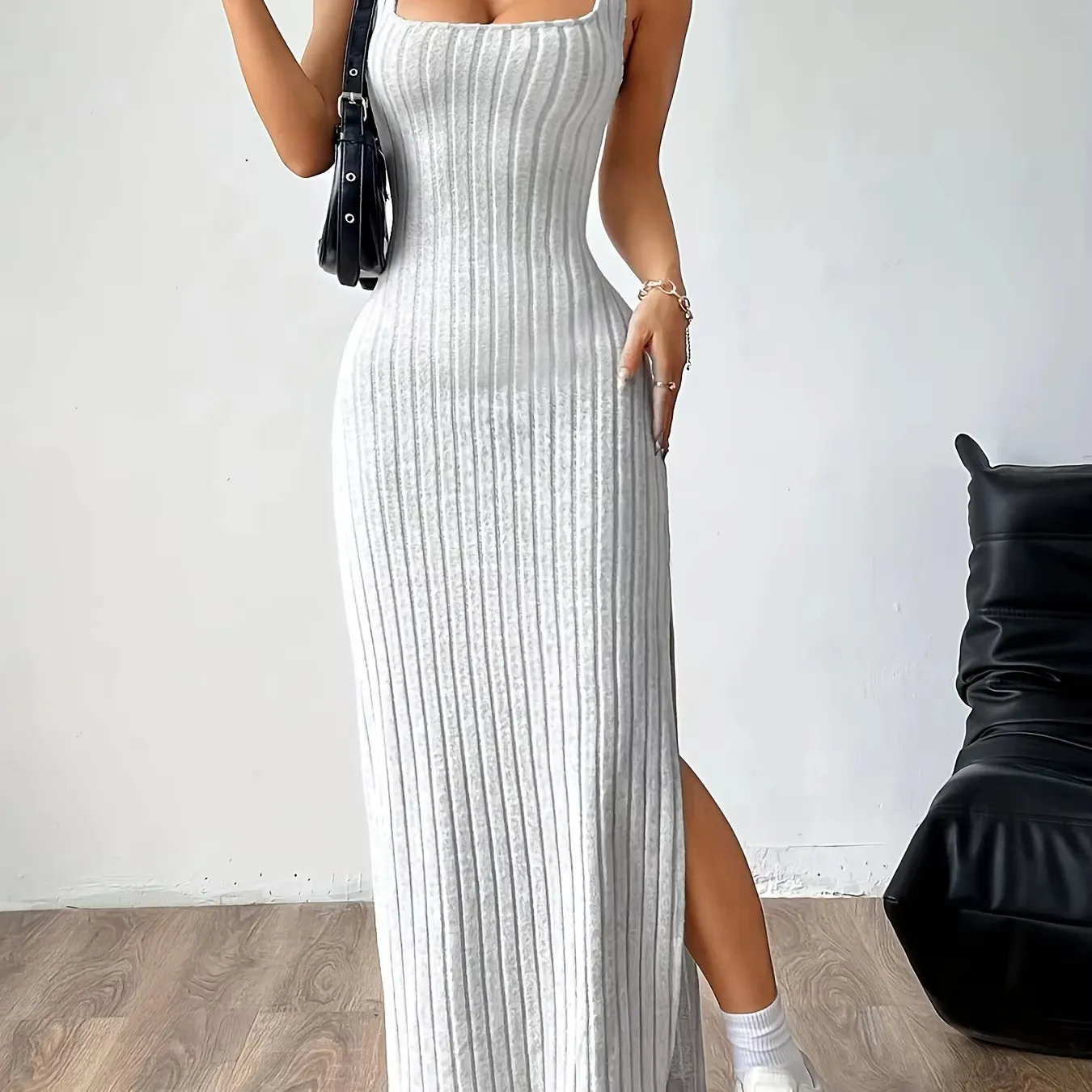 Womens Sleeveless Spaghetti Slip Maxi Dress Slim Fit Knitted Ribbed Solid Casual Autumn Simple Wholesale Clothing