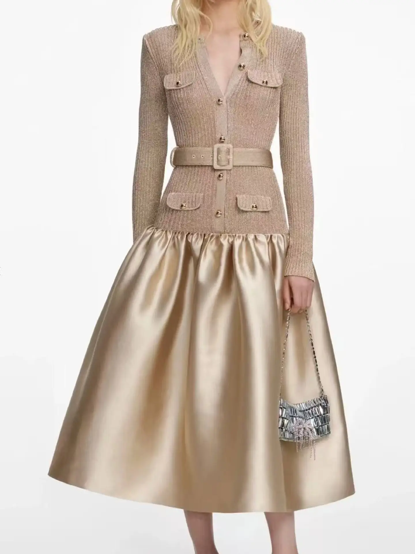 2026 Spring New Arrival Elegant Dress Women Long A-line Dress Slim Fit Patchwork Puff Skirt with Belt