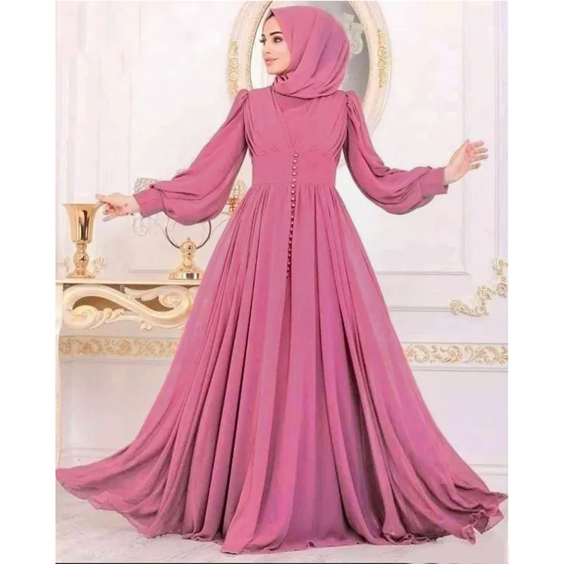 Malaysia Abaya Muslim Custom Fashion Front Button logo Long Sleeve Printing a Line Pleated Ruffle Ramadan Evening Dress