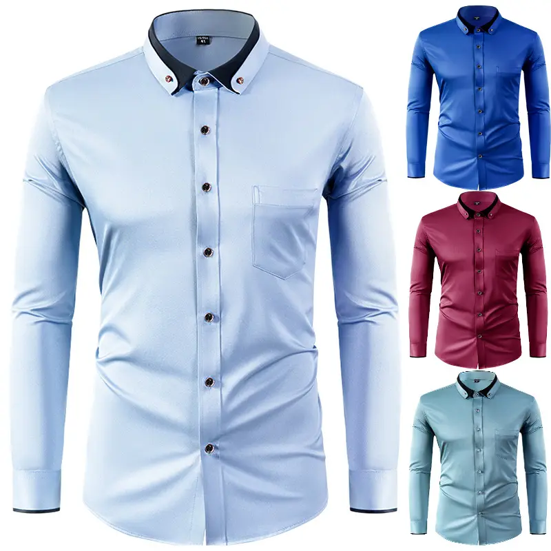 Wholesale High Quality Men's Clothes Stretch Shirt Men's Long Sleeve Solid Color Slim Fit Business Men's Blouse