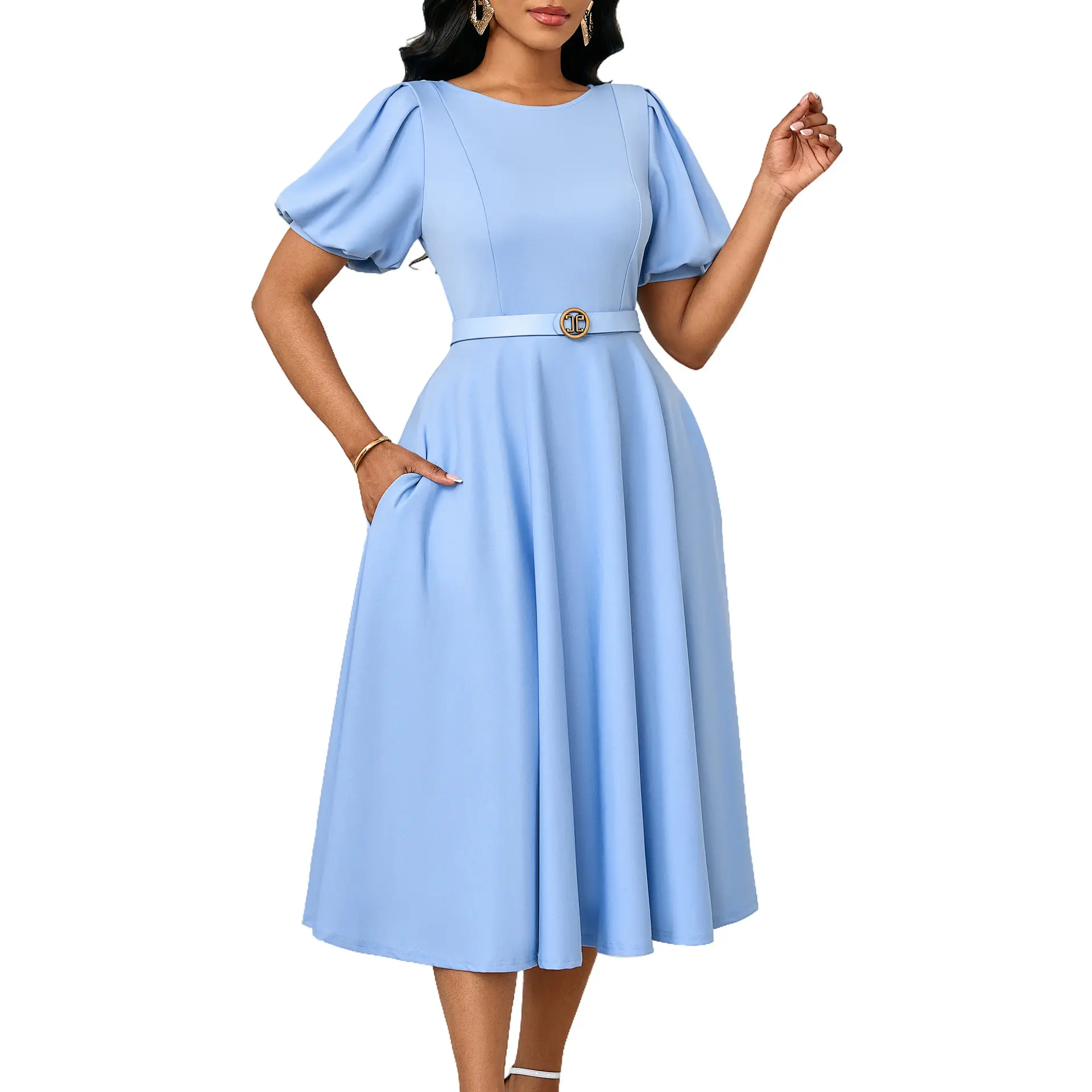 Trendy Casual Dresses Women Lady Elegant Solid Color Short Sleeve Pleated Ladies Office Dresses with Belt
