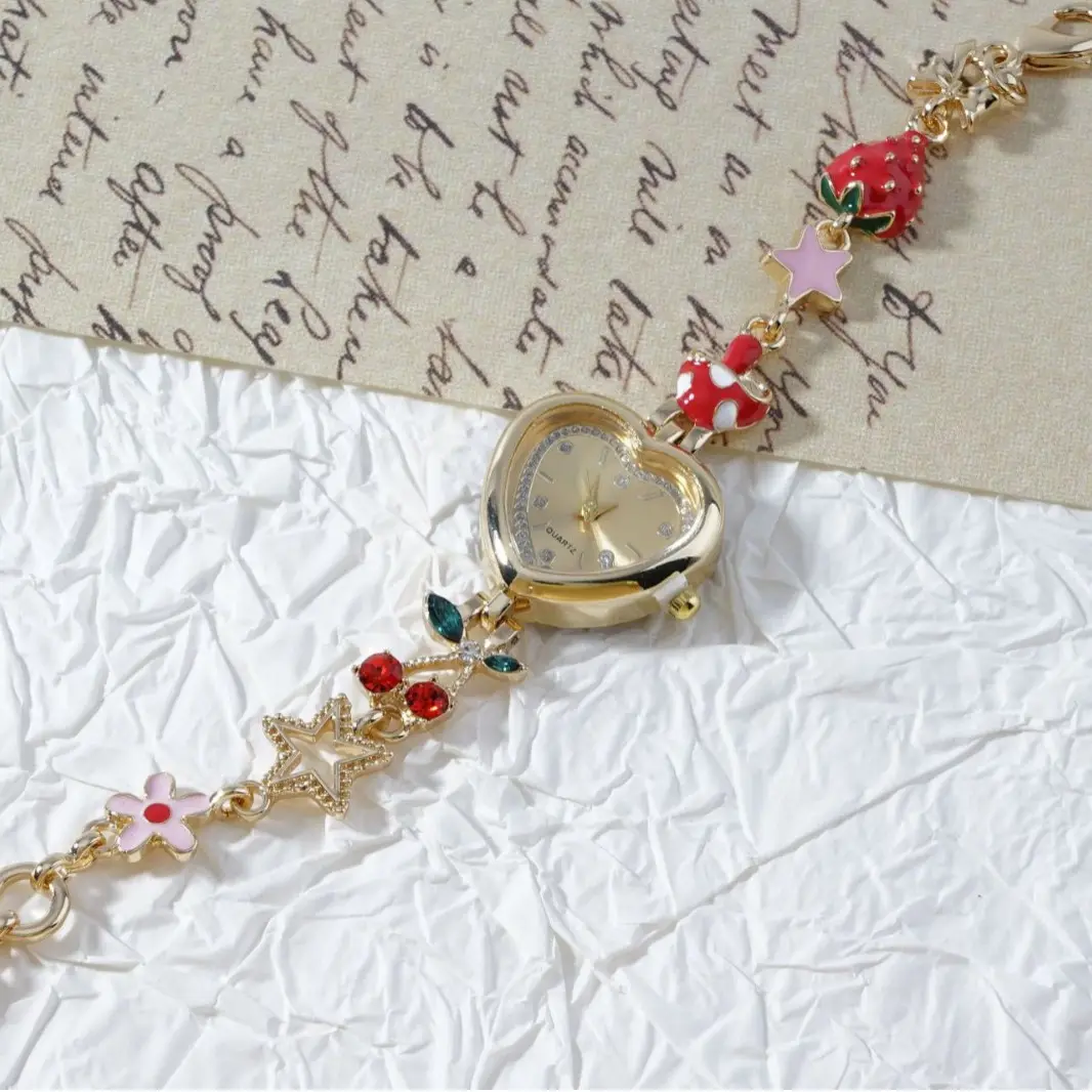 Gold Quartz Watch Heart-shaped Dial 30mm Pointer Vintage Forest Floral Cherry Fruit Decorative Bracelet Women's Cute Watch