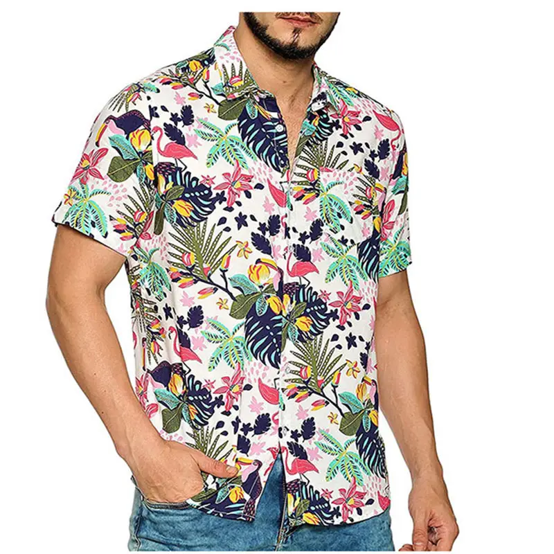 Breathable Eco-Friendly Satin Colorful Printing Vintage Men's Hawaiian Shirts Beach Party Turn Collar Quick Dry