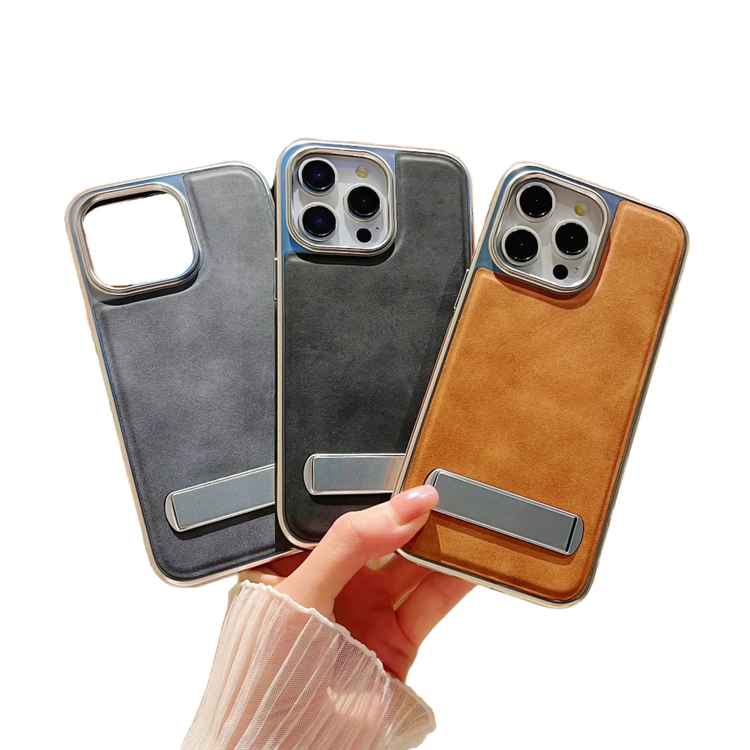 Wholesale PU Leather Mobile Phone Cases for iPhone 17 Air Pro Max 16 15 14 13 12 With Hidden Stand Shockproof Protective Cover