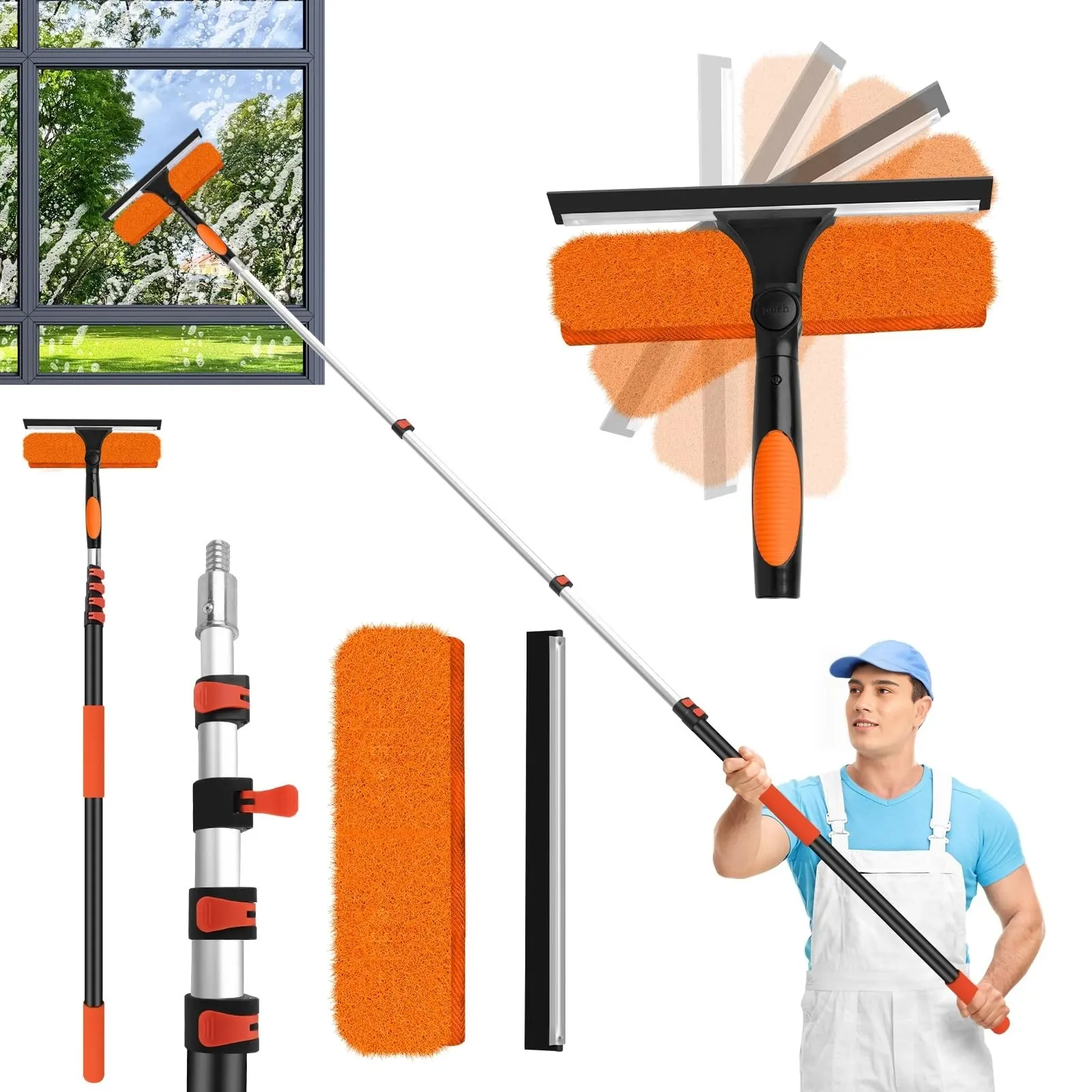 24FT Professional Window Cleaning Kit 2-in-1 Aluminum Telescopic Tool 5-24FT Pole 180° Rotatable Squeegee High Window Cleaning