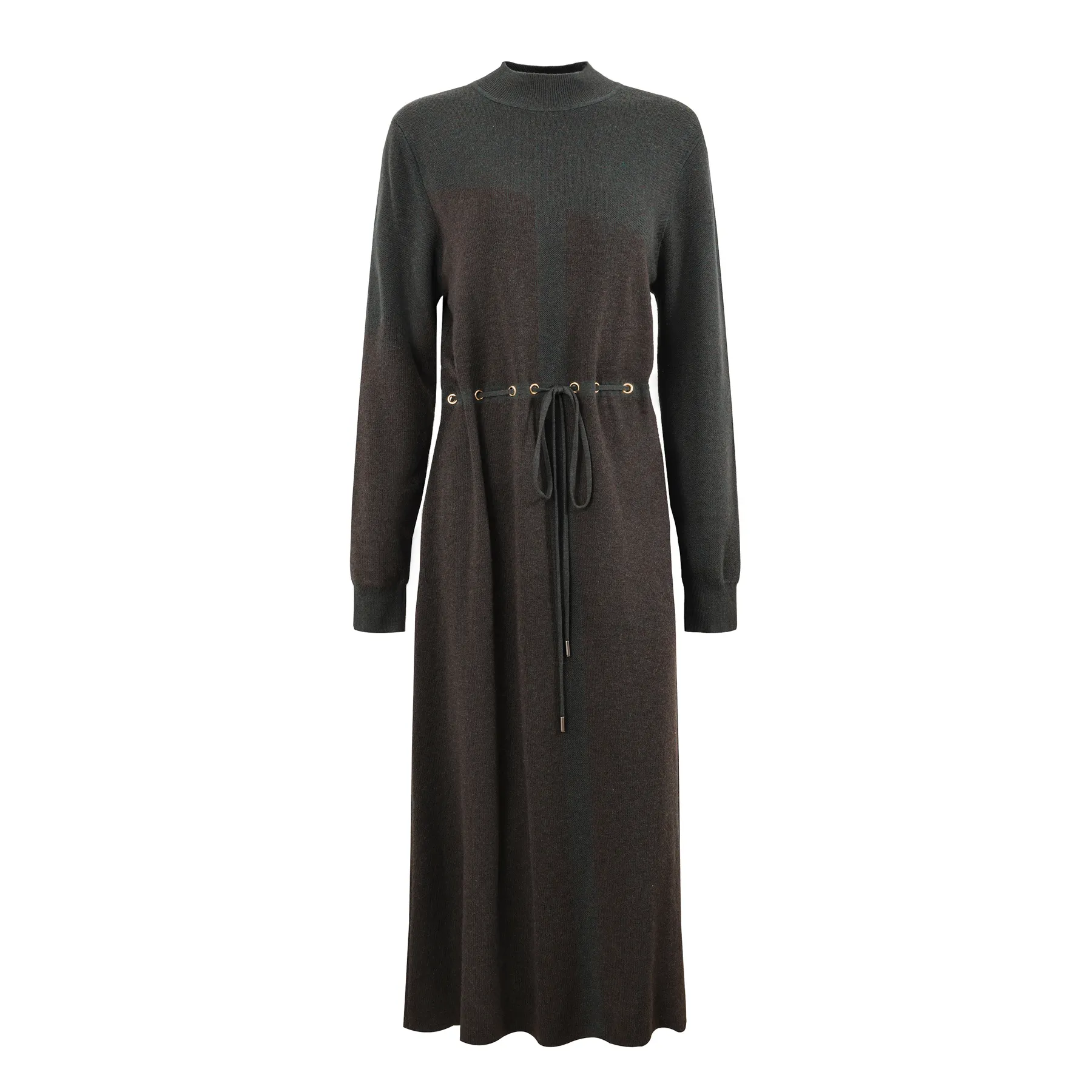 Low Moq Custom Women Knit Sweater Long Sleeve Crew Neck Ladies Dress Plus Size Drawstring Belt Women Knit Dress