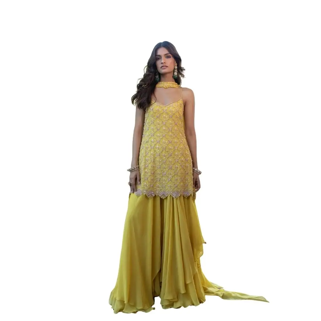 Yellow Sequin Embroidered Long Kurta Sharara Set in Silk Georgette with Dupatta for Wedding Party High-quality Bridal Wear