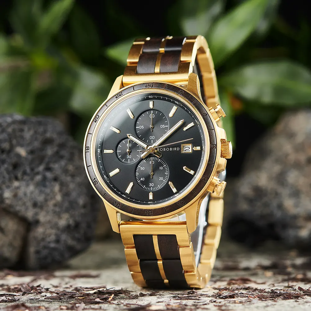 Water Resistant Low Moq Dropshipping Japanese Movement Metal and Wood Strap Sun Pattern Craftsmanship Luminous Nail Wood Watch