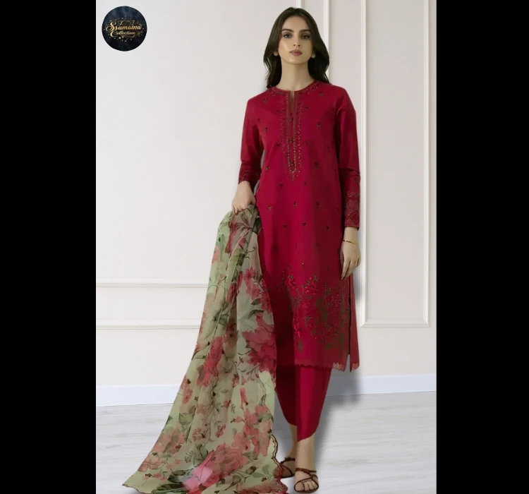 2025 Elegant Printed Salwar Kameez with Contrast Dupatta - Traditional Pakistani Dress