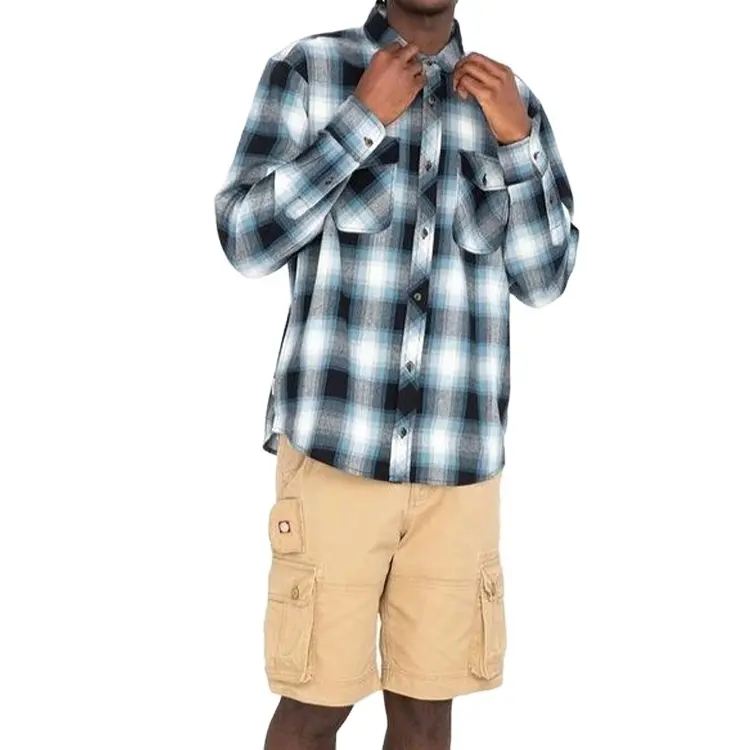 Factory OEM/ODM Polyester Button up Men Casual Shirts Wholesale Fashion Men Long Sleeve Plaid Flannel Shirts