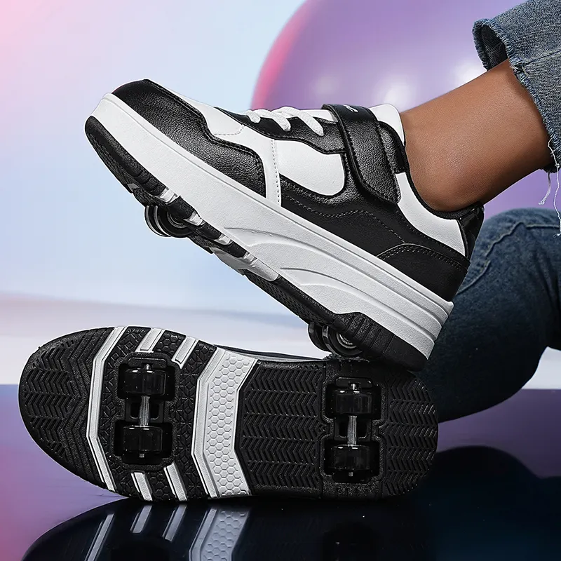 Kids 4-Wheel Roller Skate Shoes TPR Outsole Breathable Black White Design for Sports Outdoors Summer EVA Insole for Boys Girls