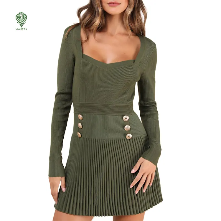 Wholesale Custom Fancy Square Neck Buttons Women Clothes Knitted Pleated Mini Dress for Ladies Acrylic Women'S Sweater Dress