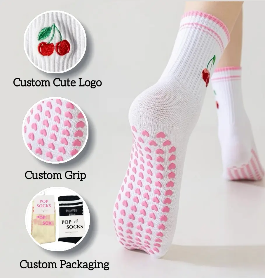 High Quality Custom Cute Pilate Socks Anti Slip Custom Embroidery Logo Yoga Sports Socks Crew High for Four Season