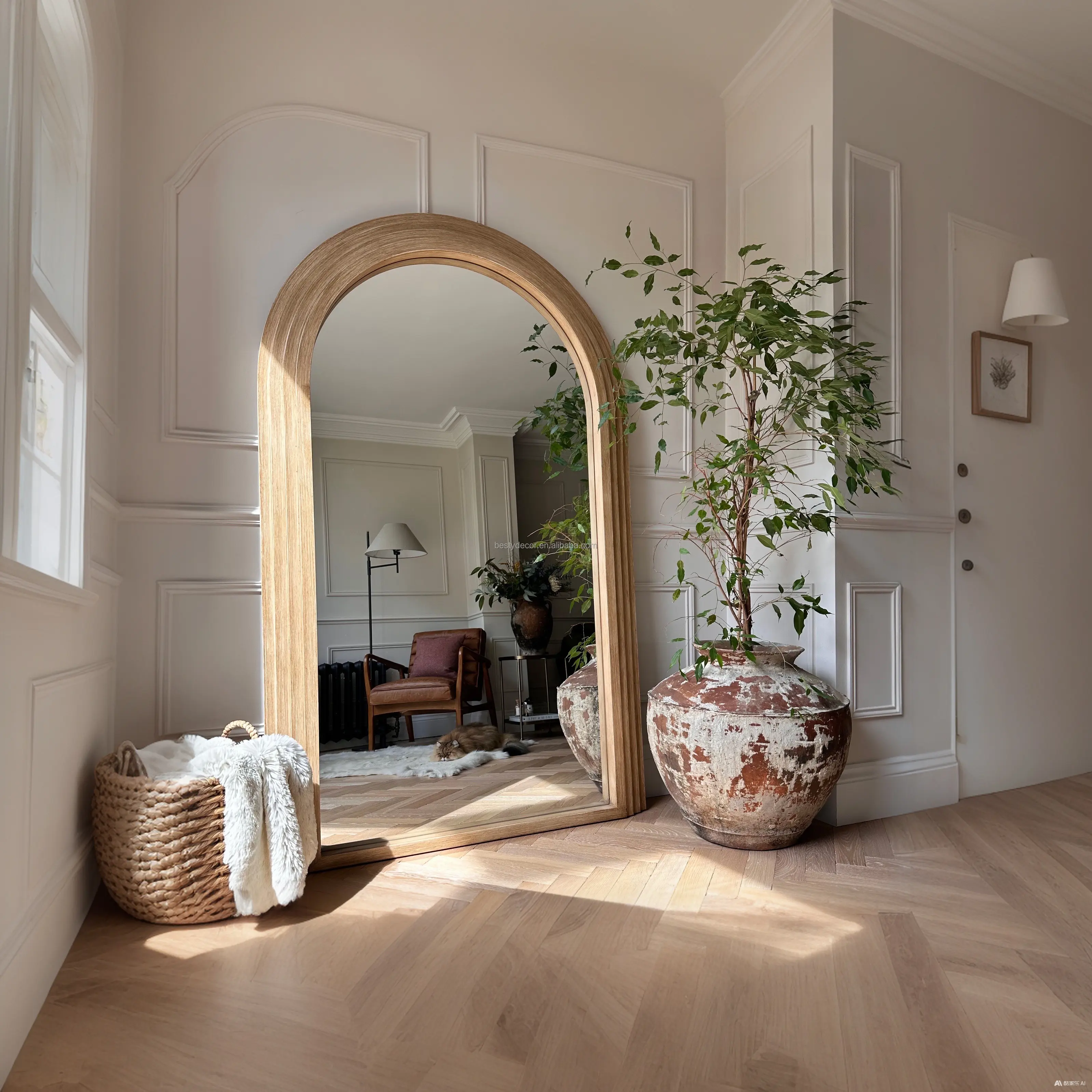 Wholesale Modern Ins Home Decor Mirror Nature Wood Frame Living Room Mirror Arch Mirror for Bedroom Standing Dressing Espejos