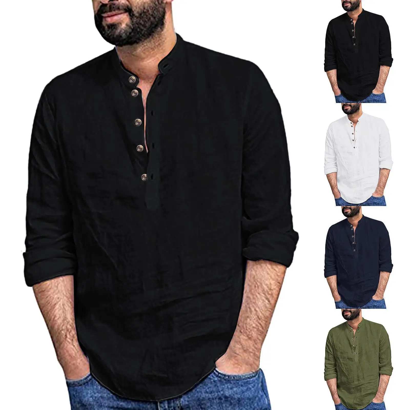 Mens Casual Cotton Linen Lightweight Solid Plain Casual Button Down Shirt