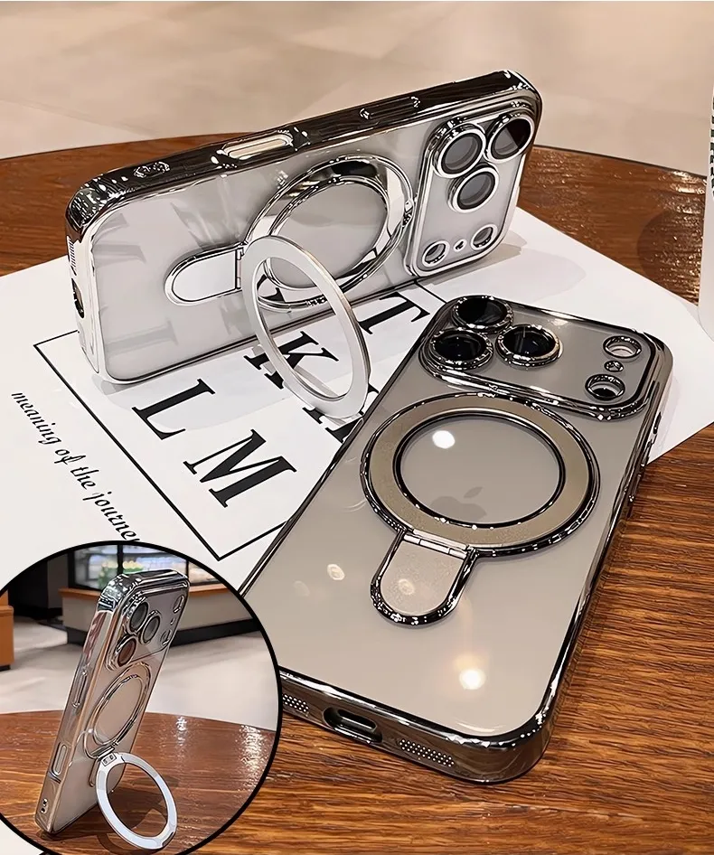 Big Camera Hole Design Electroplating Tpu Magnetic case for iphone 17,for iphone 17 Pro Max case Orange Kickstand