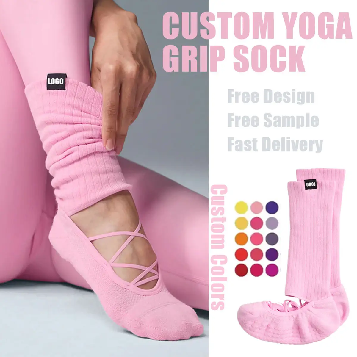 KTS618 Manufacturer OEM Custom Logo Woven Label Cotton Anti-slip Rubber Sole Fitness Sport Pink Women's Strappy Grip Socks