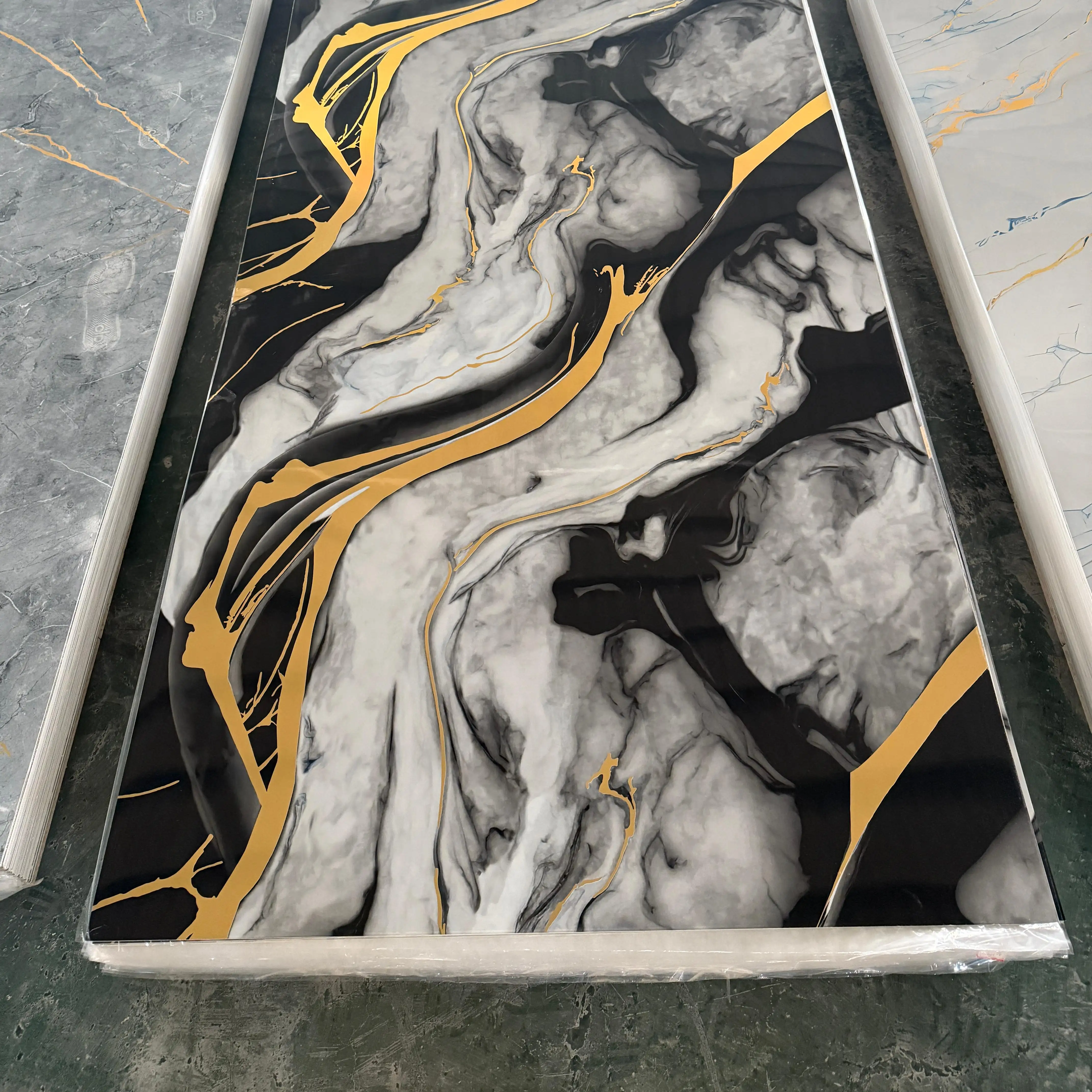 Modern Colorful Waterproof PVC Marble Sheet Moisture-Proof Geometric Pattern Decorative Wall Panel for Apartment and Hotel Use