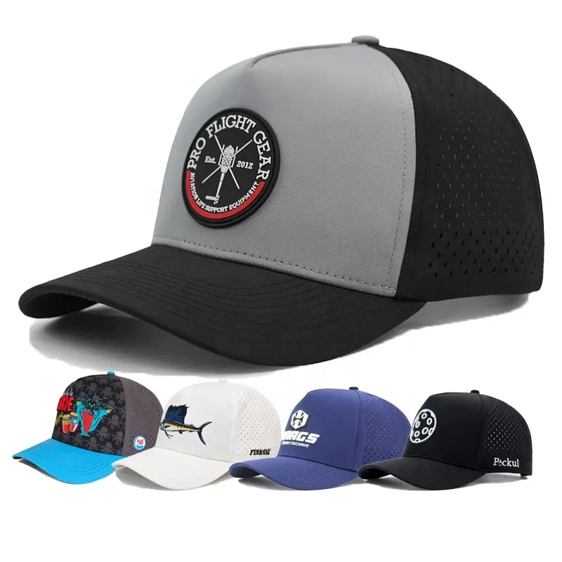 HS41 Custom Rubber Patch Logo Performance Holes Sport Women Five 5 Panel Hydro Waterproof Golf Hats Veracap Baseball Cap for Men