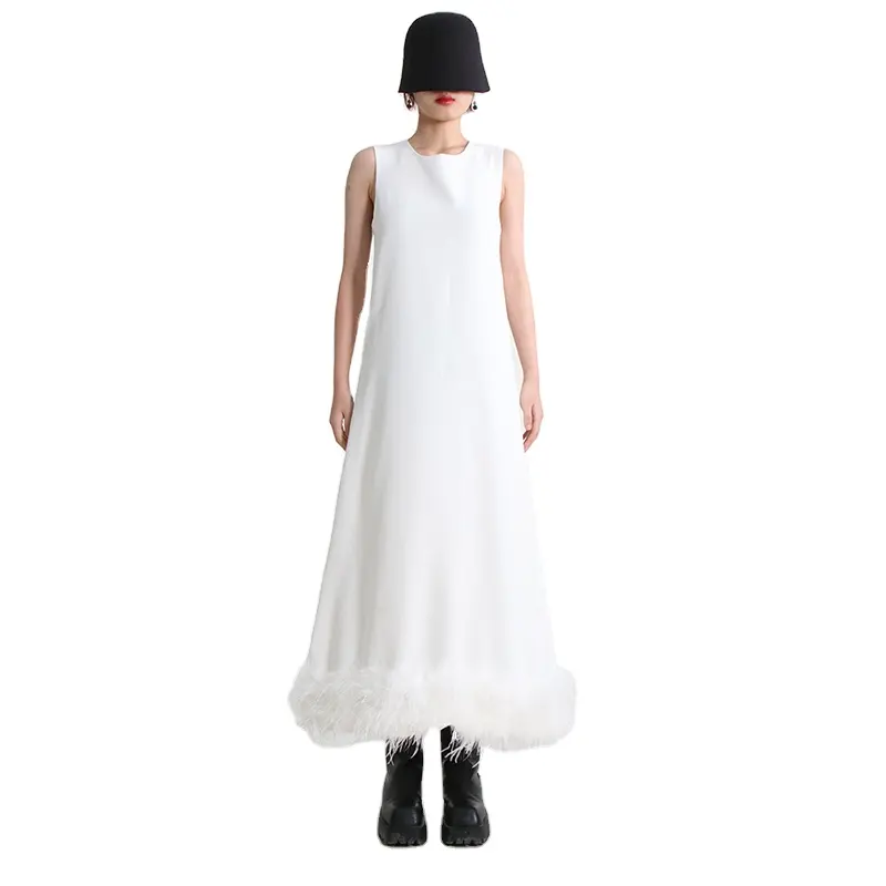 TWOTWINSTYLE Elegant Casual Patchwork Feathers Round Neck Sleeveless High Waist Dresses Women Dress