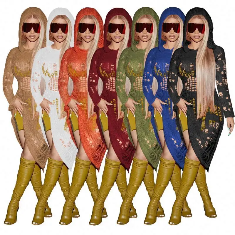 Fall Knitted Woman's Dress Ladys Clothing Long Sleeve Hollow Out Dress Women Hoodies Zimmer Dresses Women Luxury Clothing