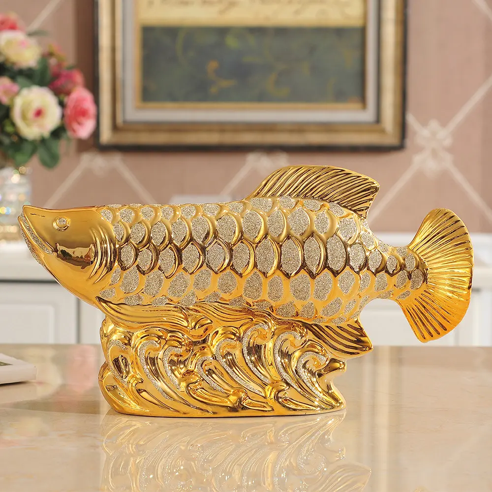 Creative Home Decorations Golden Arowana Ceramic Sculptures for Living Room Desktop Decorations