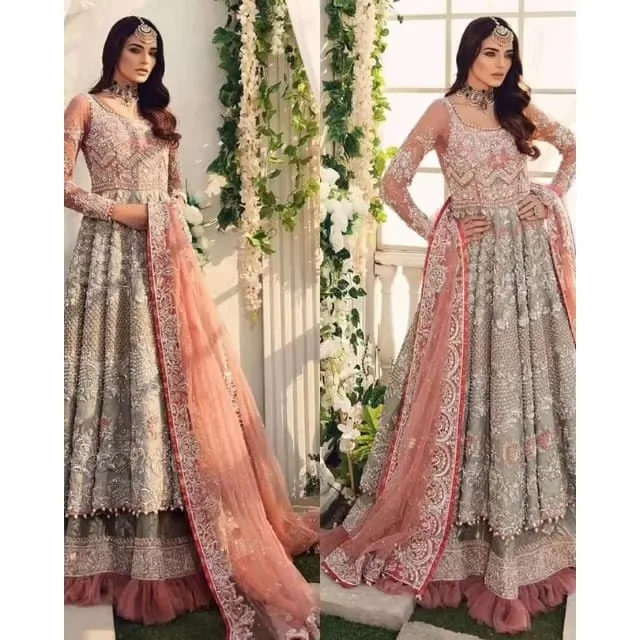 Embroidery Eastern Style Women's Dresses Breathable Soft Fabric Stitched Long Frock With Flared Sharara Dupatta
