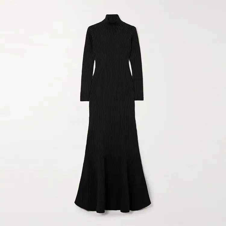 Knitwear Manufacturer Custom Fall Winter Black Turtleneck Long Sleeve Elegant Casual Ribbed Knit Women Sweater Dress