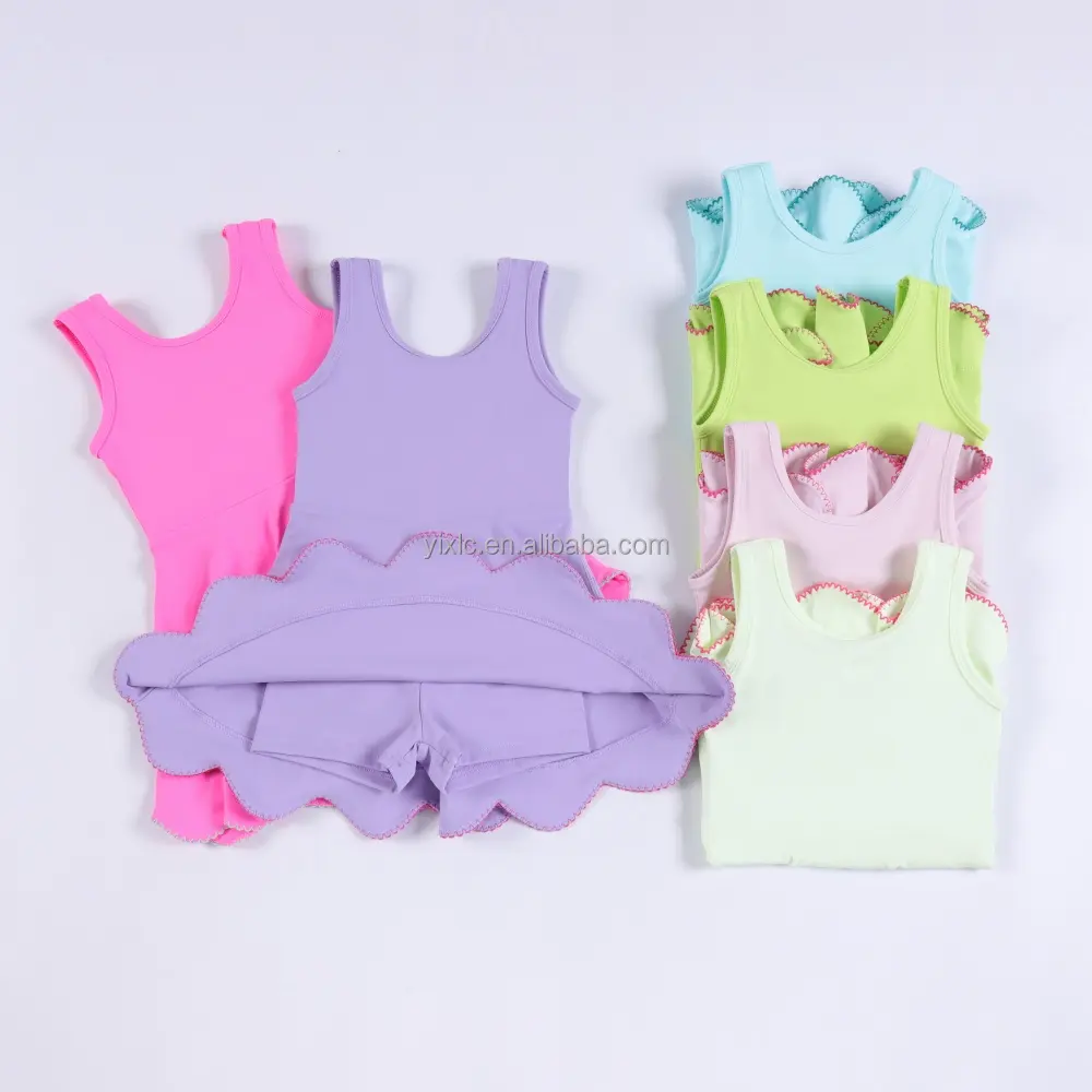 Girls Yoga Dress Sleeveless Tank Style with Lace Embroidery Hem and Built in Shorts Custom Color Logo