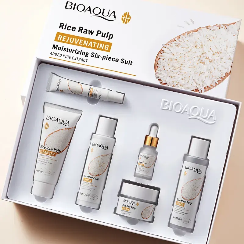 OEM ODM BIOAQUA Natural Rice Essence Hydrating Face Care Set Brightening Whitening Private Label 6 Pcs Skin Care Set for Women