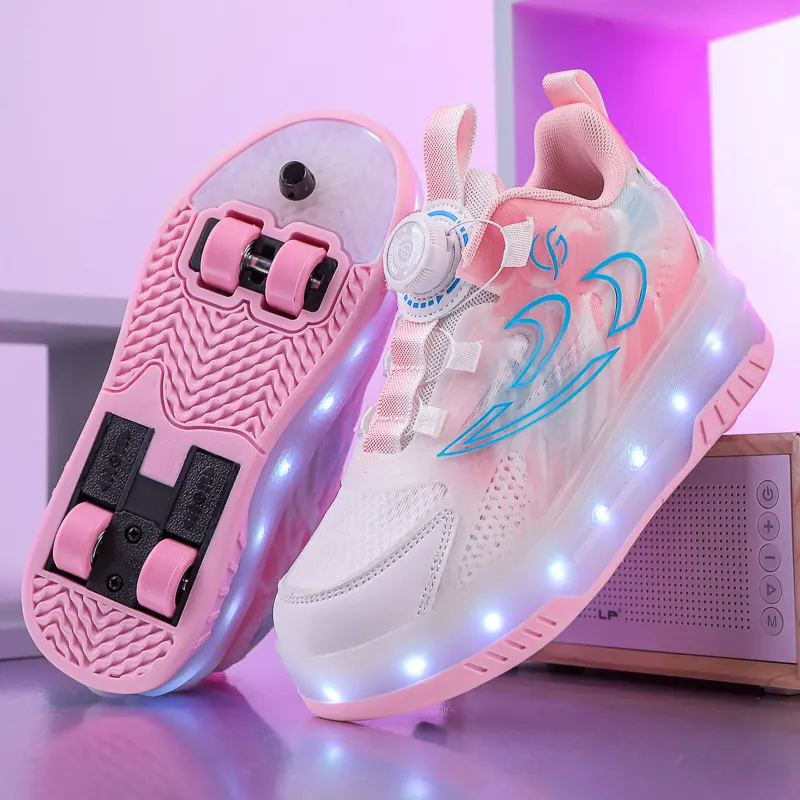 Hot Selling Kids' Sport Shoes Pink LED Roller Skates with 4 Wheels Light Weight PU Insole for Boys and Girls